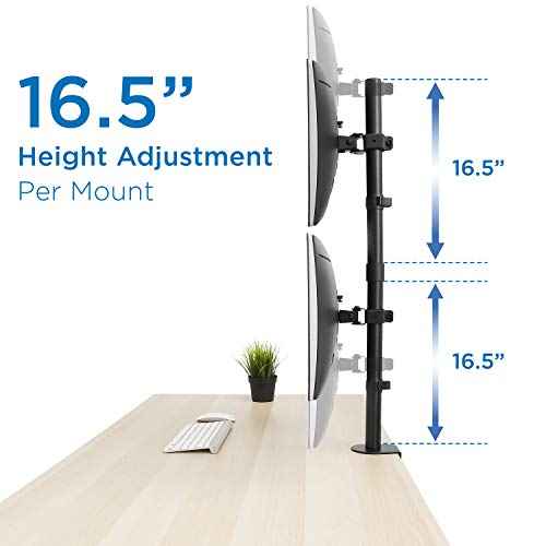 Mount-It! Vertical Monitor Mount, Dual Stacked Monitor Mount for Two Screens Each 13 to 32 Inches, Height Adjustable with Tilt Swivel Rotate, C-Clamp and Grommet Base Supports 17.6 lbs per Monitor