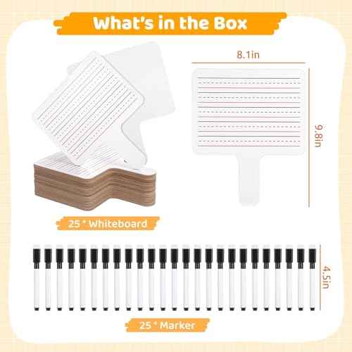 25 PCS Dry Erase Paddles with Markers, Dual-Sided Handheld Whiteboard, Dry Erase Sign with Blank and Lined Sides, Writing Drawing Whiteboard, Auction Paddles for Classroom Interaction, Game, Vote