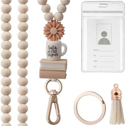 Teacher Lanyard with ID Holder, Fashion Wood Beaded Lanyard for Keys, Super Cute Boho Breakaway Lanyard for Women, 19.5