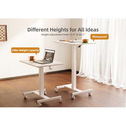 Claiks Mobile Standing Desk, Small Rolling Workstation With Wheels, Pneumatic Laptop Desk for Home Office With Hook, White