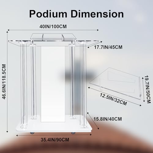 46in LED Acrylic Church Pulpit with Wheels – Clear Lectern Podium with 15 Color Lights (Variation: 46IN Podium)