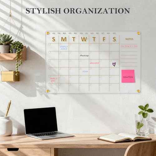 Acrylic Calendar for Wall, 24"x16" Gold Dry Erase Board Weekly Planner Wall Mounted Board, Frameless White Board for Home, Office, School