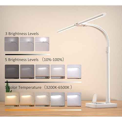 Double Head LED Desk Lamp, Architect Desk Lamps for Home Office, 24W Brightest Workbench Office Lighting-5 Color Modes and 5 Dimmable Eye Protection Modern Desk Lamp (White-Desktop, Big)