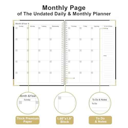 Undated Daily Monthly Planner for 2025 2026 - A4 To Do List with Hourly Schedule, Hardcover Spiral Bound Daily Planner to Increase Focus, Stylish School/Office Supplies, 8.5" x 11", Black