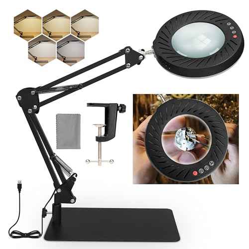 10 X Magnifying Glass with Light and Stand, 5 Color Modes Dimmable Magnifying Glasses for Close Work, 2-in-1 Lighted Glass with Clamp for Reading Craft Hobby Close Work