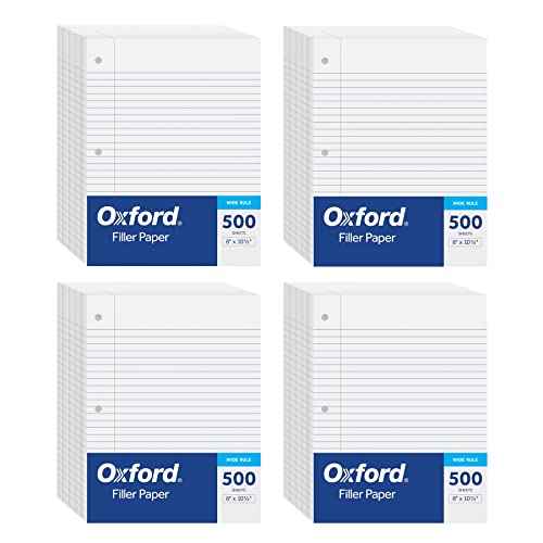 Oxford Loose Leaf Paper, Filler Paper, Notebook Paper, 8" x 10-1/2", Wide Rule, 3-Hole Punched, 2,000 Sheets for 3 Ring Binders, 4 Packs of 500, White (62379)