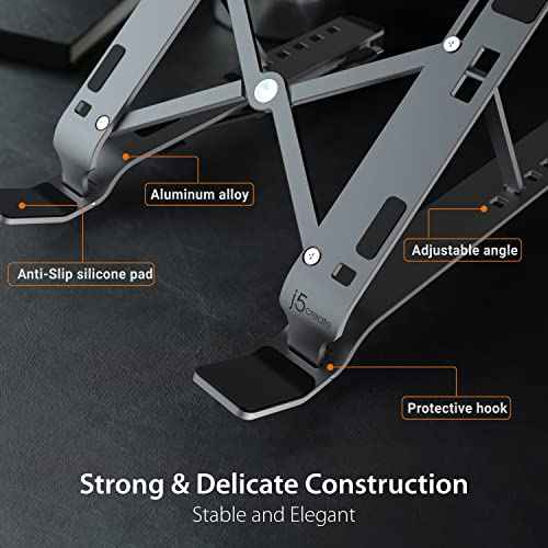 j5create Portable Aluminum Laptop Stand with USB 4-Port Hub, Foldable and Adjustable Notebook Riser with 4 USB-A Ports for MacBook, Laptop, and Tablet up to 16" (JTS223)