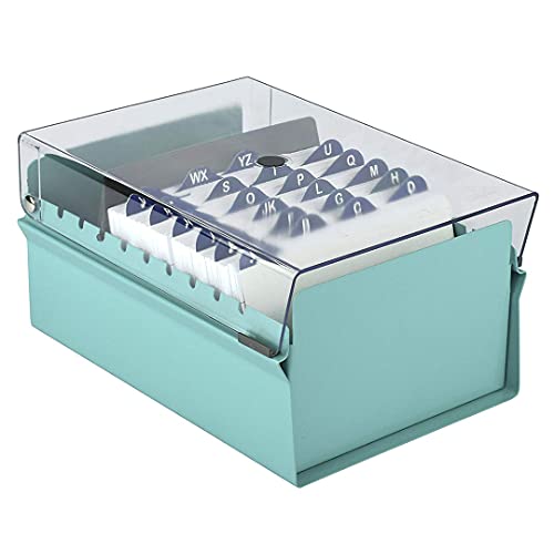 Acrimet 4 x 6 Card File Holder Organizer Box Metal Base Heavy Duty (AZ Index Cards and Divider Included) (Green Color with Clear Crystal Plastic Lid Cover)