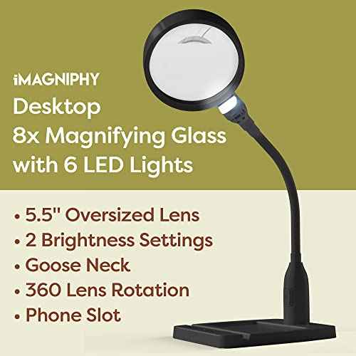 8X Desk Magnifying Light - Magnifying Glass for Reading and Crafts with 6 LEDs (No Glare, No Flickering) - Magnifying Lamp with Light and Stand, 2 Brightness Settings - Ideal for Seniors