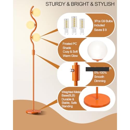 Lightdot 3-Globe Dimmable Floor Lamp Orange Mid Century Modern Standing Lamp with 3PCS 3000K G9 Bulbs Stepless Brightness Adjustable Stable Base for Living Room, Bedroom, Office