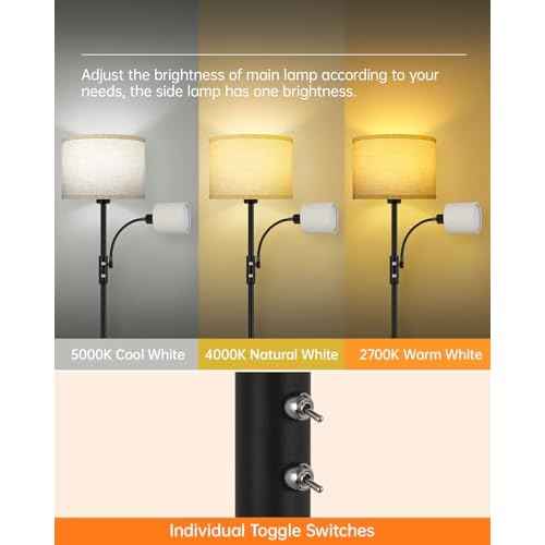 Floor Lamps for Living Room, Modern Floor Lamp with Reading Lamp, 62" Tall Standing Lamp, Beige Lampshades, Simple Pole Lamps for Bedroom/Office/Kids Room/Den(Bulbs Not Including, E26/E12 Base)