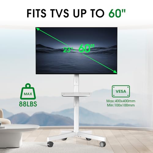 Xyndyx Rolling TV Stand 23-60 Inch White with Shelf, Adjustable Height & Tilt