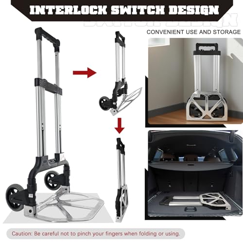 Folding Hand Truck, Portable Heavy Duty Carrying Moving Dolly Cart with 2 Foldable Wheels and Retractable Handle Duty 220lbs (Silver)