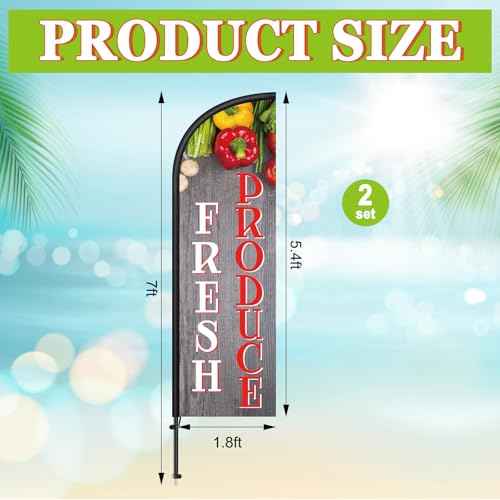 2 Sets 7 ft Fresh Produce Feather Flag with Flagpole and Ground Stake, Fresh Produce Advertising Feather Banner Flag Sign for Farm Fruit Shop Market Store Business Advertising Supplies