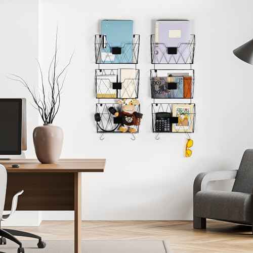 Hanging File Holder Wall File Organizer Holder, 6 Pockets Wall Mount Vertical Magazine Rack with Hooks for Office Home, Black