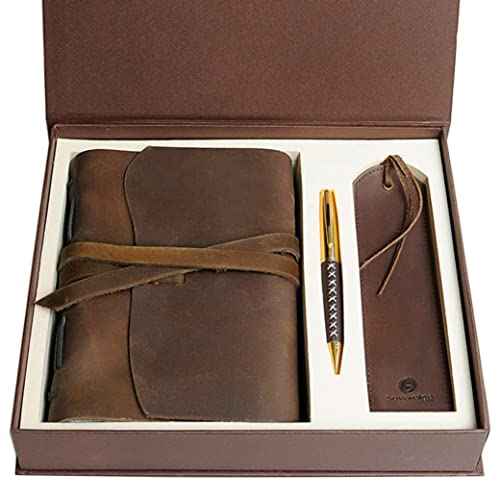 Leather Journal Gift Set with Antique Leather Bookmark + Pen, Handmade Writing Notebook 7x5 Inches Unlined Leather Bound Daily Notepad For Men For Women, Luxury Gift Box Diary for all ages
