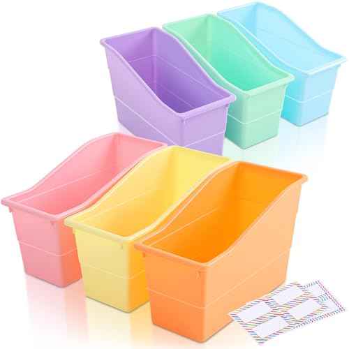 Blosssound 6 Set Book Bin with Label Stickers Plastic Stackable Organizing Bins 11.4 x 5.5 x 7.5 Inch Storage & Organization for Book Box Baskets for Classroom Library Home School Supplies