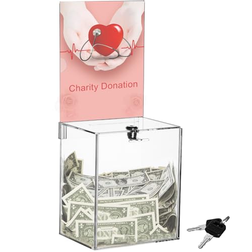 Youeon Rectangular Acrylic Donation Box with Lock & Sign Holder 6.7x5x16in
