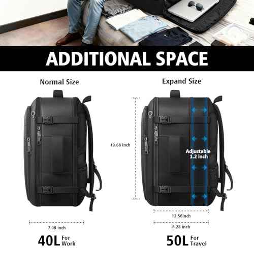 Travel Backpack, Extra Large 50L Flight Approved Carry on Backpack, Expandable Waterproof Business Suitcase Daypack Big Bag Fits 18.4 Inch Laptop, Black
