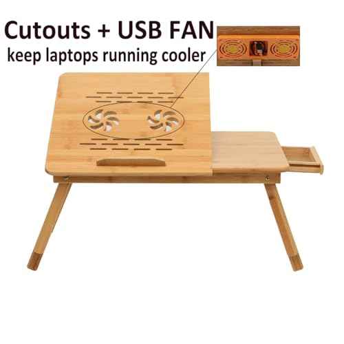 Laptop Desk Adjustable Bamboo Laptop Table with Fan Drawer Foldable Bed Tray Breakfast Tray Padded Lap Work Tray,for Working Writing Drawing