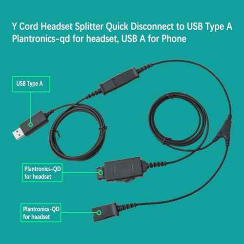 daily headset Y-Splitter Adapter Y-Training Cable with Mic Switch Compatible with Plantronics QD, Other End USB Type A Plug 8 FT