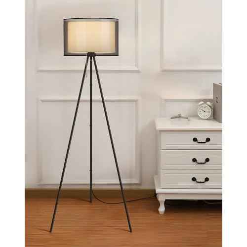 KDG Modern Floor Lamp - Tall Tripod Lamp for Living Room, Bedroom, Office; Fabric Shade, LED Bulb, Warm Light (Black)