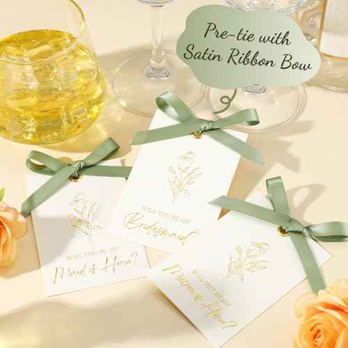11 Pcs Bridesmaid Proposal Card with Ribbon Bow Floral Metallic Bridal Gift 8 Will You Be My Bridesmaid 2 Maid of Honor 1 Matron of Honor Invitation for Bridal Shower(White, Sage Green)