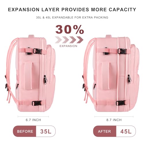 Travel Backpack for Women, 52L Carry On Backpack, Extra Large Expandable Travel Bag, 18.4 Inch TSA Flight Approved Luggage Personal Item Size with USB, Teacher Business Daypack, Pink