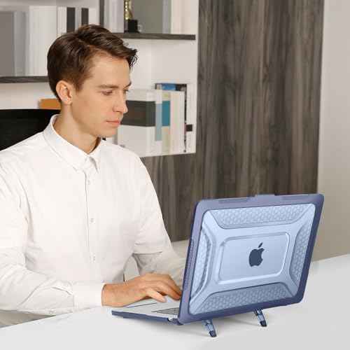 MOSISO Compatible with MacBook Air 15 inch Case 2025 2024 2023 M4 A3241 M3 A3114 M2 A2941, Honeycomb Shockproof Heavy Duty TPU Bumper Plastic Hard Case with Fold Kickstand&Keyboard Cover, Navy Blue