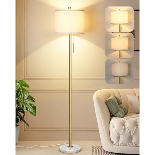 ¡¼Upgraded¡½ Dimmable Gold Floor Lamps for Living Room, 63in Modern Standing Lamp with Marble Base, Tall Pole Light with White Linen Shade for Bedroom Reading Office Corner Nursery