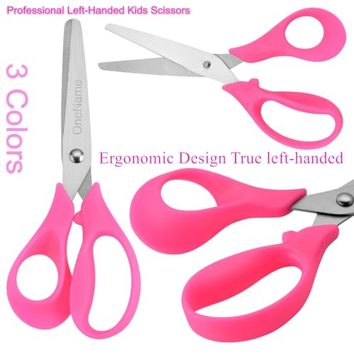 OneName Left-Handed Kids Scissors 5-inch, 6 Pack in Blue, Pink, Green – Ergonomic Safety Kids Scissors for School & Crafts