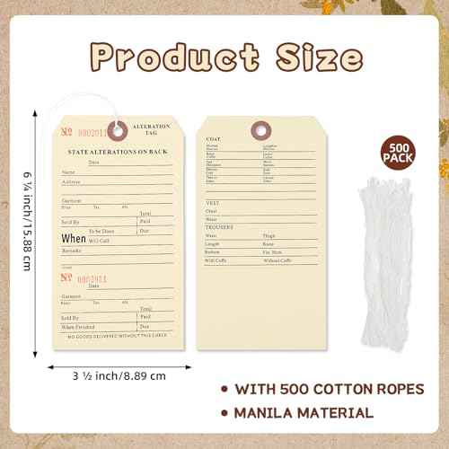 500 Pack Button Slotted Alteration Tag with Attached String 3.5 x 6.25 Inches Manila Paper Numbered Repair Tags, Two Part, Two Sided