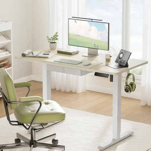 Marsail 48x24 Electric Standing Desk with Drawer, Computer Desk, Sit Stand Office Table with Storage & Hooks & Cable Management, Ergonomic Height Adjustable Table for Home Office, Maple