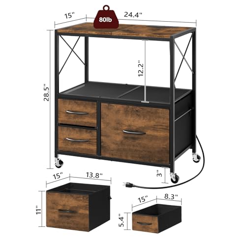 File Cabinet with Charging Station, 3 Drawer Lateral Filing Cabinet for Home Office, Mobile Printer Stand with Open Shelf, Fits A4/Letter Size File, Nonwovens Drawer, Rustic Brown FCHR98E01