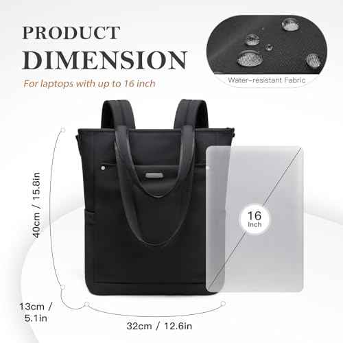 Convertible Laptop Backpack for Women Men Carry on Tote Backpack Teacher Bookbag for College Work Nurse Travel Leisure,16 Inch,Black