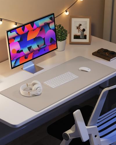 AFIING Beige Desk Pad Protector 23.6x13.7 Inches Waterproof Non-Slip PU Leather