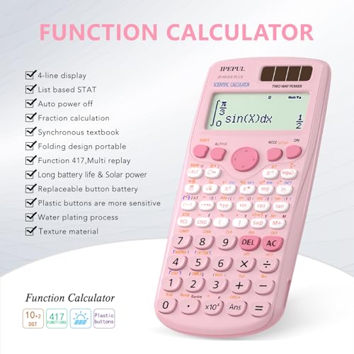 Scientific Calculators, IPepul Pink Math Calculator with 417 Function, Solar Battery Power and 4-Line Display, School Supplies for Middle High College Students Teachers (Pink 991ES Plus)