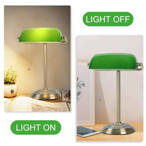 Bankers Lamp, Green Desk Lamp with Brass Finish, Classic Table Lamp with Pull Switch for Home, Office, Study (Green)