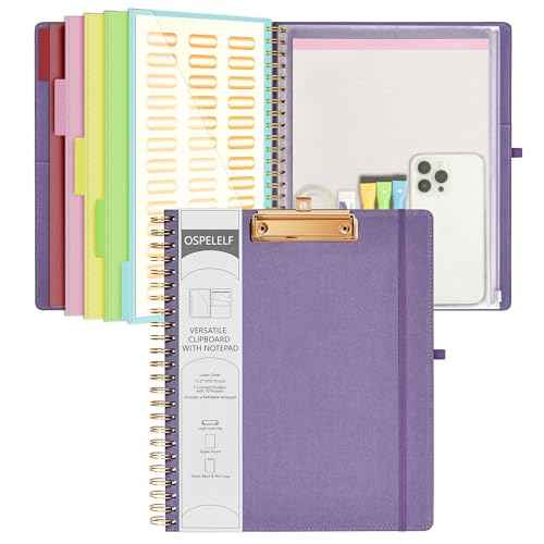 Ospelelf Foldable Spiral Clipboard Folio with Storage Zipper Pouch, 5 Plastic Folders with 10 Pockets,Refillable Lined Notepad (11" x 8.5"), Hardcover Project Organizer with 39 Stickers (Purple)