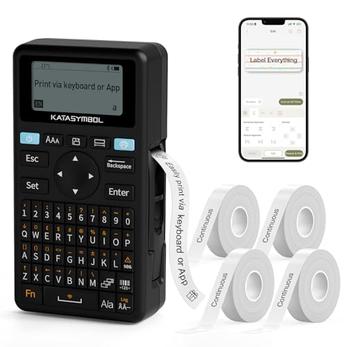 SUPVAN E11 Bluetooth Label Maker Machine with 4 Tapes, Support Keyboard & App with 40 Fonts and 450+ Icons, Rechargeable Inkless Labeler for Home, Kitchen, Office, School Organization, Black