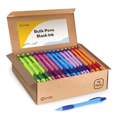 Enday Pens Bulk (75 Pack), Retractable Ball Point Pens Black Ink, Medium Point (1.0mm), Comfortable Grip, Smooth Writing Pens for School & Office