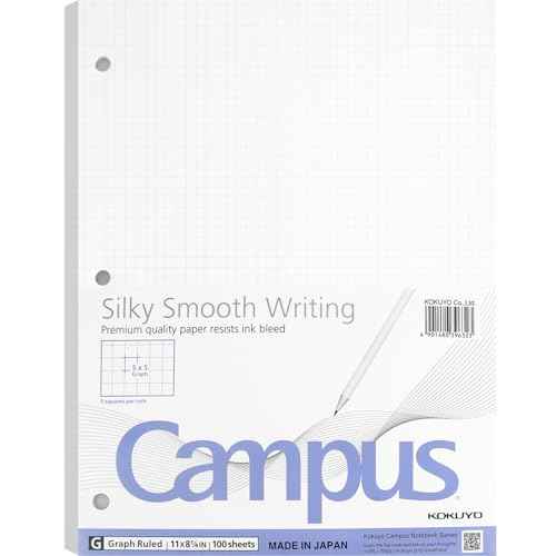 KOKUYO 5x5 Graph Paper, Loose Leaf Paper 8.25"x11", 100 Sheets, Smooth Writing Surface, Bleed Resistant Filler Paper for Math, Engineering, Art Projects. Japan Import (WSG-NO-887G2)