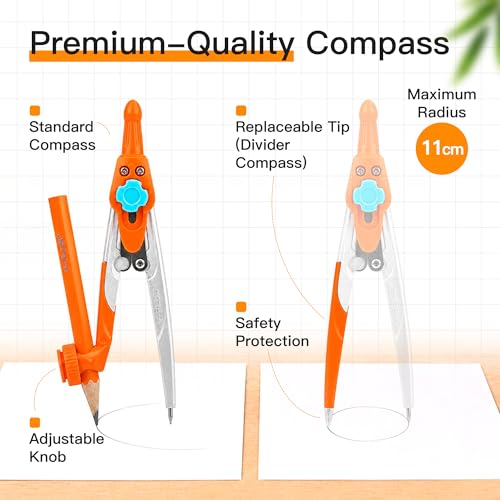 YPLUS 12-Pack Geometry Set with Protractor, Compass, Ruler & Accessories for Students