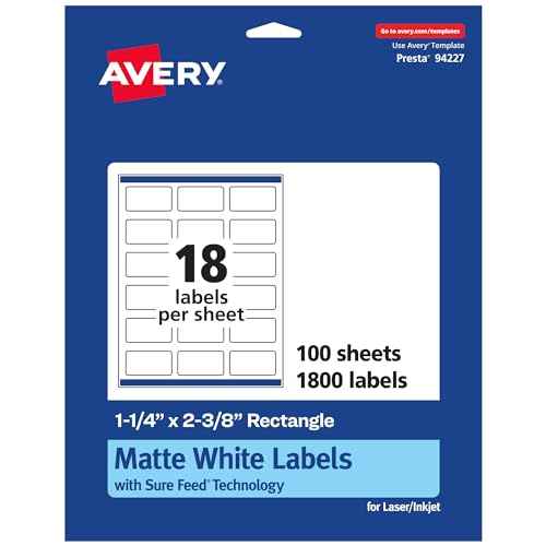 Avery Matte White Rectangle Labels, Sure Feed Technology, 1-1/4" x 2-3/8", 1,800 Matte White Printable Labels