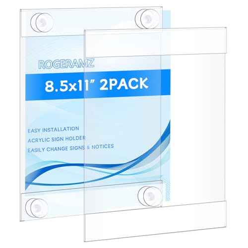 8.5 x 11 Acrylic Sign Holder with 12 Suction Cups, Clear Plastic Window Sign Holder, Wall Mount Advertising Frames for Glass Doors - Perfect for Malls, Offices, Homes, Stores, and Restaurants (2 Pack)