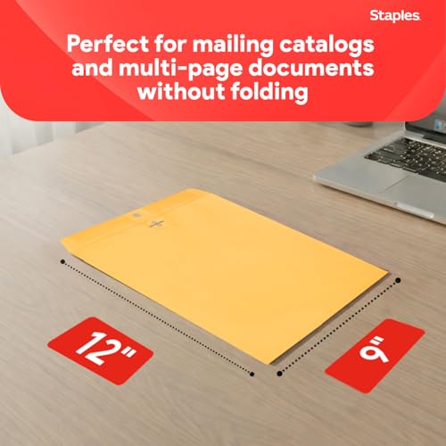 Staples 9x12 Kraft Clasp Envelopes Brown Manila 250 Pack - Secure Closure, Bulk Office Supplies