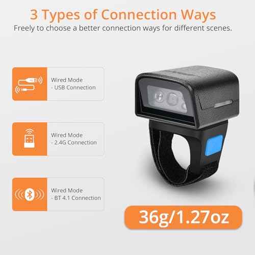 1D 2D Bluetooth Portable Ring Barcode Scanner, Wearable Mini Barcode Reader with Wireless 2.4Ghz &Bluetooth &USB Wired 3 in 1, Connectable Windows/Mac OS/Android