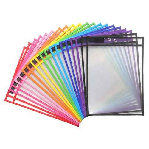 20 Pack Dry Erase Pockets with Rings, 10 x 14 Inch Ticket Holders Clear Plastic Sleeves Sheet Protectors for Teacher Classroom Sleeves, 10 Assorted Colors