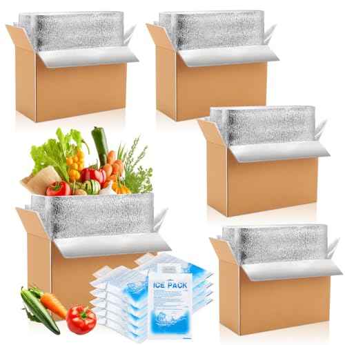 Honoson 4 Pcs Thermal Insulated Shipping Boxes for Frozen Food with Ice Pack and Aluminum Foil Liner for Shipping Big Cold Pack Cooler Mailing Boxes for Moving Hot Frozen Food (12'' X 5.5'' X 7.5'')