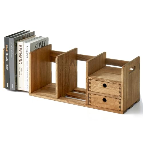 KIRIGEN Wood Adjustable Desk Orangizer Storage Expanable Desktop Bookshelf Fully Assembled Bookcase Adjustable Book Rack with Drawer for Office SSSJ-L-DBR